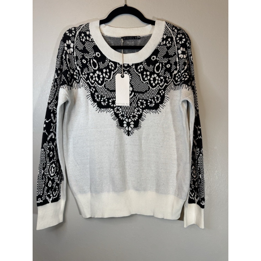 NWT Potters Pot B/W Faux Crochet Long Sleeved Sweater Size L - Picture 1 of 6